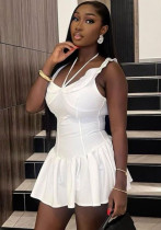 Women V-neck Lace-Up Ruffle Edge Off-shoulder Backless Solid Dress Women V-neck Lace-Up Ruffle Edge Off-shoulder Backless Solid Dress