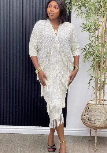 Plus Size African Women v-neck Bat Sleeves Shiny tassel elegant dress
