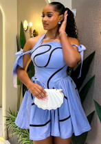 Women Summer Halter Neck Printed Lace-up Off-shoulder Pleated Dress Women Summer Halter Neck Printed Lace-up Off-shoulder Pleated Dress