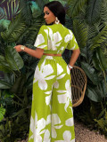 Women Tropical Print Pleated Butterfly Sleeve Top and Lace-up Wide-leg Pants Two-piece Set