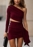Women Pleated One-shoulder Sleeve Open Waist and Bodycon Skirt Two-piece Set