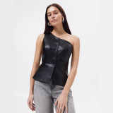 Women Summer Pu Leather Slash Shoulder Sexy Off-shoulder Top