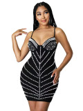 Women sexy beaded suspender dress