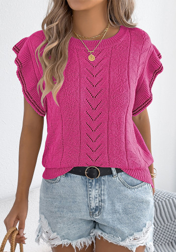 Women Spring and Summer Casual Hollow Twist Contrast Ruffle Edge Knitting Holidays Top