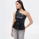 Women Summer Pu Leather Slash Shoulder Sexy Off-shoulder Top