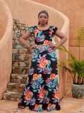 Plus Size Women Women Casual Ruffle Sleeve Printed Top and Long Skirt Two-piece Set