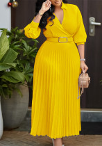 Spring V-Neck Solid Long Sleeve Pleated Dress for Women