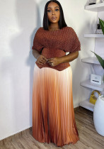 Women pleated v-neck sexy Shiny Top and gradient elegant Skirt two-piece set Women pleated v-neck sexy Shiny Top and gradient elegant Skirt two-piece set