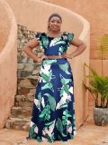Plus Size Women Women Casual Ruffle Sleeve Printed Top and Long Skirt Two-piece Set
