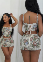 Women Floral Strapless Top and Mini Skirt Two-piece Set Women Floral Strapless Top and Mini Skirt Two-piece Set