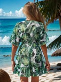 Women Chiffon v-neck ruffled leaf print dress beach dress