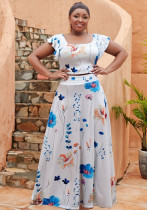 Plus Size Women Women Casual Ruffle Sleeve Printed Top and Long Skirt Two-piece Set
