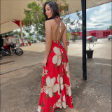 Women Spring and Summer Off-shoulder V-neck Strapless Printed Maxi Dress