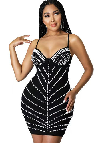 Women sexy beaded suspender dress