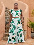 Plus Size Women Women Casual Ruffle Sleeve Printed Top and Long Skirt Two-piece Set