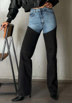 Women Spring Color Patchwork Denim Wide-leg pants