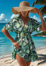 Women Chiffon v-neck ruffled leaf print dress beach dress