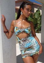 Women spring sexy suspenders contrast leopard print hollow bodycon dress