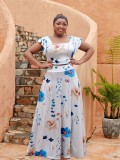 Plus Size Women Women Casual Ruffle Sleeve Printed Top and Long Skirt Two-piece Set
