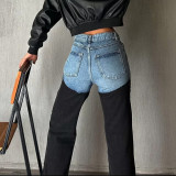 Women Spring Color Patchwork Denim Wide-leg pants