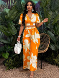 Women Tropical Print Pleated Butterfly Sleeve Top and Lace-up Wide-leg Pants Two-piece Set