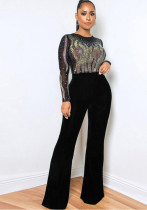 Women Round Neck Mesh Zipper Long Sleeve Beaded Jumpsuit Women Round Neck Mesh Zipper Long Sleeve Beaded Jumpsuit