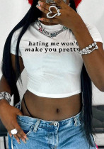 Women Summer Round Neck Letter Print Crop Top T-Shirt