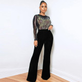 Women Round Neck Mesh Zipper Long Sleeve Beaded Jumpsuit