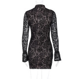 Women Winter Sexy Lace Hollow Bell Bottom Sleeve Bodycon Dress