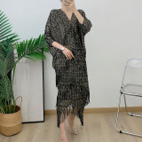 Plus Size African Women v-neck Bat Sleeves Shiny tassel elegant dress