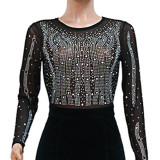 Women Round Neck Mesh Zipper Long Sleeve Beaded Jumpsuit