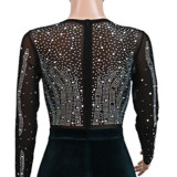 Women Round Neck Mesh Zipper Long Sleeve Beaded Jumpsuit