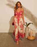 Women Spring and Summer Off-shoulder V-neck Strapless Printed Maxi Dress