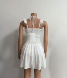 Women V-neck Lace-Up Ruffle Edge Off-shoulder Backless Solid Dress