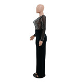 Women Round Neck Mesh Zipper Long Sleeve Beaded Jumpsuit