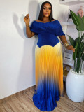 Women pleated v-neck sexy Shiny Top and gradient elegant Skirt two-piece set