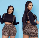 Women Half-high Neck Long Sleeve Crop Top Strap Skirt Two-piece Set