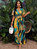Women Tropical Print Pleated Butterfly Sleeve Top and Lace-up Wide-leg Pants Two-piece Set