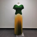 Women pleated v-neck sexy Shiny Top and gradient elegant Skirt two-piece set