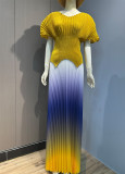 Women pleated v-neck sexy Shiny Top and gradient elegant Skirt two-piece set