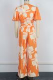 Women Tropical Print Pleated Butterfly Sleeve Top and Lace-up Wide-leg Pants Two-piece Set