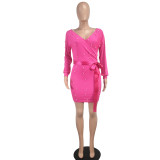 Women dress long-sleeved v-neck belt beaded sexy bodycon dress