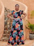 Plus Size Women Women Casual Ruffle Sleeve Printed Top and Long Skirt Two-piece Set