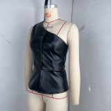 Women Summer Pu Leather Slash Shoulder Sexy Off-shoulder Top