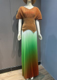 Women pleated v-neck sexy Shiny Top and gradient elegant Skirt two-piece set
