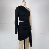 Women Pleated One-shoulder Sleeve Open Waist and Bodycon Skirt Two-piece Set