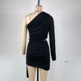 Women Pleated One-shoulder Sleeve Open Waist and Bodycon Skirt Two-piece Set