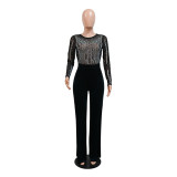 Women Round Neck Mesh Zipper Long Sleeve Beaded Jumpsuit