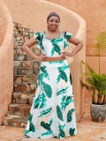 Plus Size Women Women Casual Ruffle Sleeve Printed Top and Long Skirt Two-piece Set