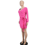 Women dress long-sleeved v-neck belt beaded sexy bodycon dress